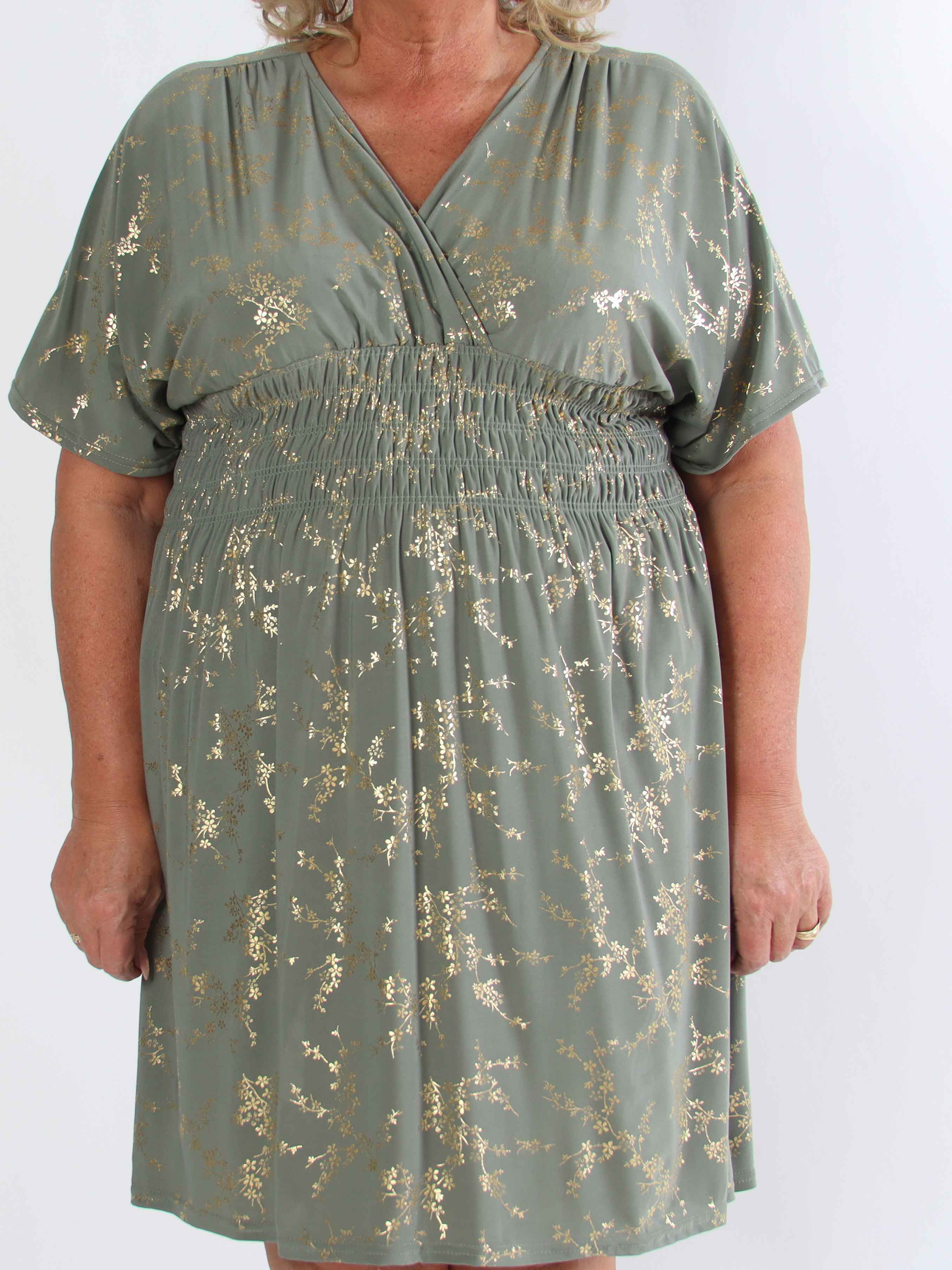 Pams Gold Short - Elastisk plus size kjole detaljeret med guld blomster